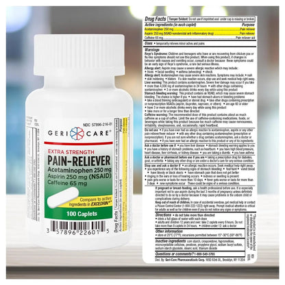 GeriCare Pain Reliever Extra Strength Caplets – 100 Count – Acetaminophen 250mg, Aspirin 250mg (NSAID), Caffeine 65mg – Powerful Triple-Action Formula for Headaches, Migraines & Minor Aches (2 Pack) - Maple Wellness Supplements