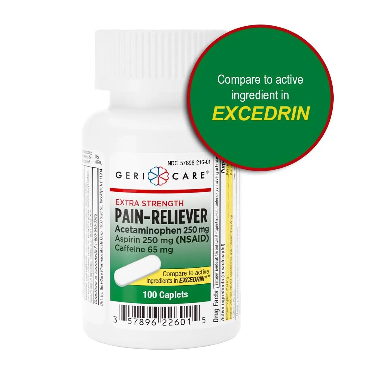 GeriCare Pain Reliever Extra Strength Caplets – 100 Count – Acetaminophen 250mg, Aspirin 250mg (NSAID), Caffeine 65mg – Powerful Triple-Action Formula for Headaches, Migraines & Minor Aches (2 Pack) - Maple Wellness Supplements