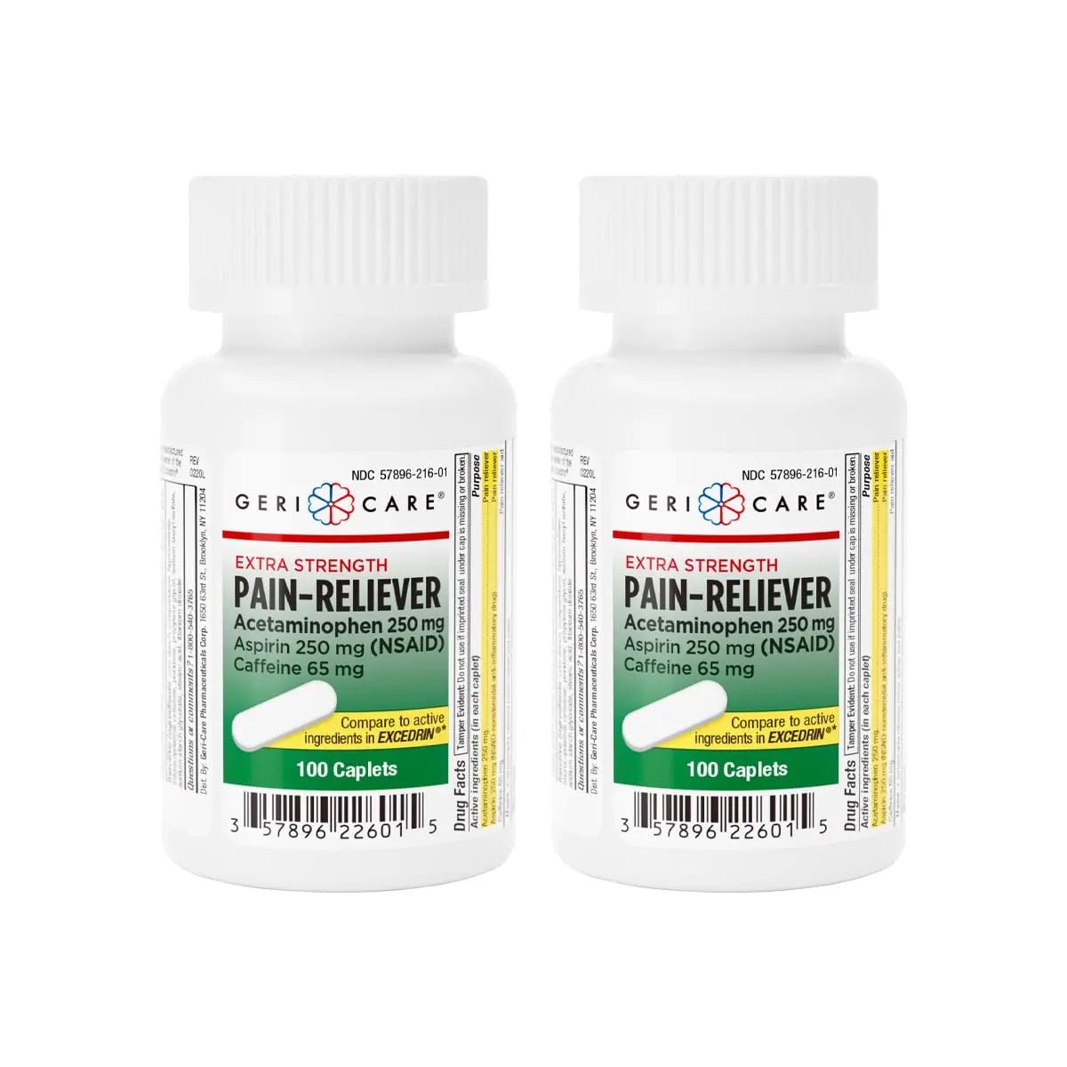 GeriCare Pain Reliever Extra Strength Caplets – 100 Count – Acetaminophen 250mg, Aspirin 250mg (NSAID), Caffeine 65mg – Powerful Triple-Action Formula for Headaches, Migraines & Minor Aches (2 Pack) - Maple Wellness Supplements