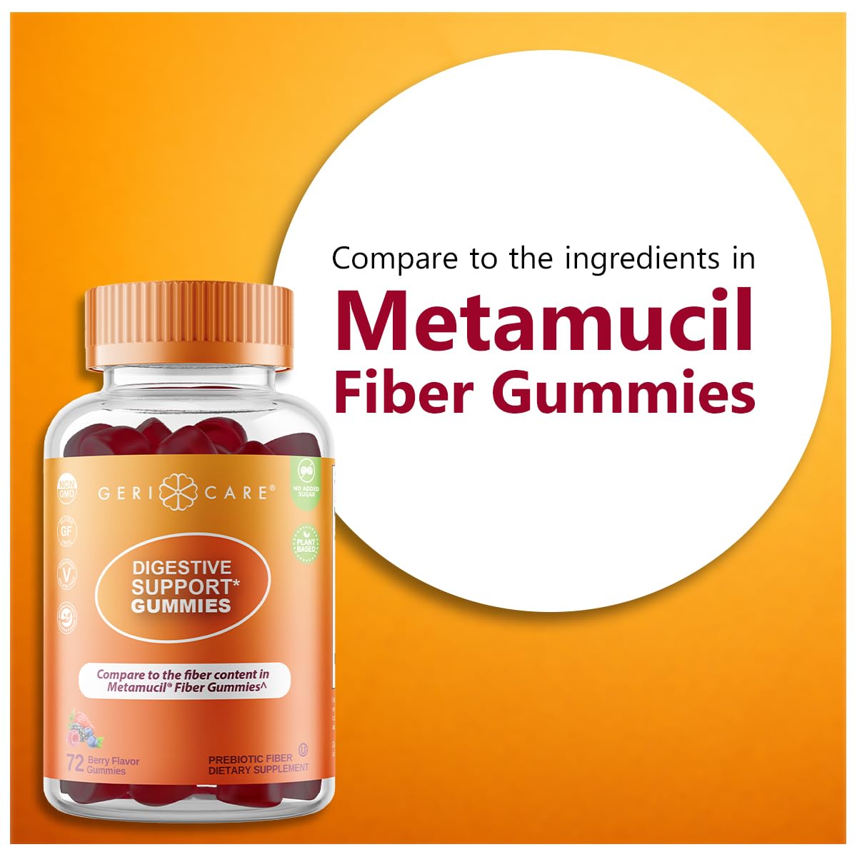 GeriCare Prebiotic Digestive Support, Gummies Compare to Metamucil Fiber Gummies, Berry Flavor, 72 Count, Plant-Based Fiber for Gut Health, Non-GMO, - Maple Wellness Supplements