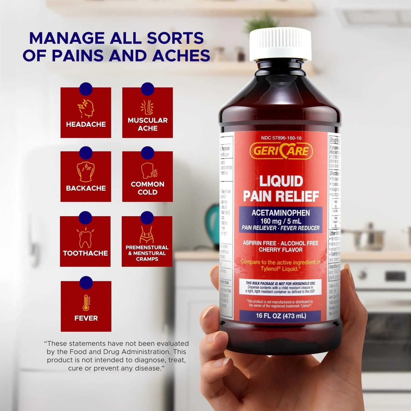 GeriCare Regular Strength Liquid Acetaminophen 160 mg, Pain Reliever, Fever Reducer, Aspirin & Alcohol Free, Cherry Flavored 16 Fl Oz (Pack of 2) - Maple Wellness Supplements