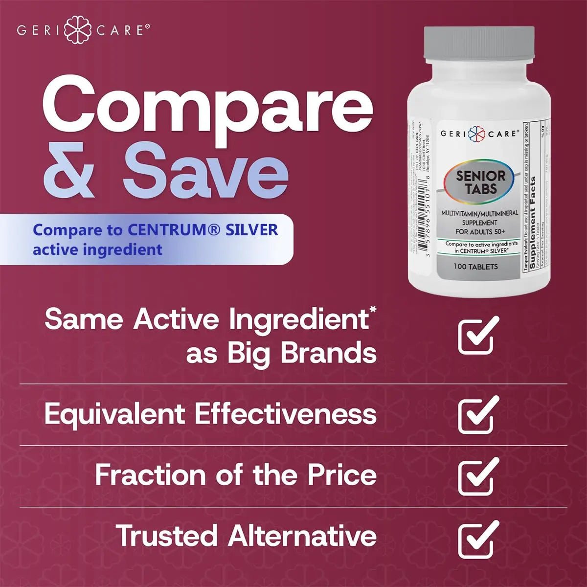 GeriCare Senior Tab 50+ Multivitamin and Minerals Tablets - Immune Support - Age-Defying Nutrition, 100 Count (Pack of 2) - Maple Wellness Supplements