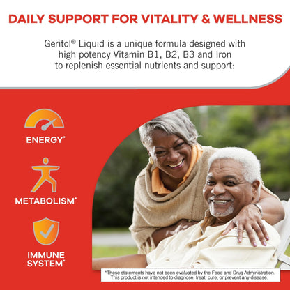 Geritol Liquid Vitamin and Iron Supplement, Energy Support, Contains High Potency B-Vitamins and Iron, Pleasant Tasting, Easy to Swallow - Maple Wellness Supplements