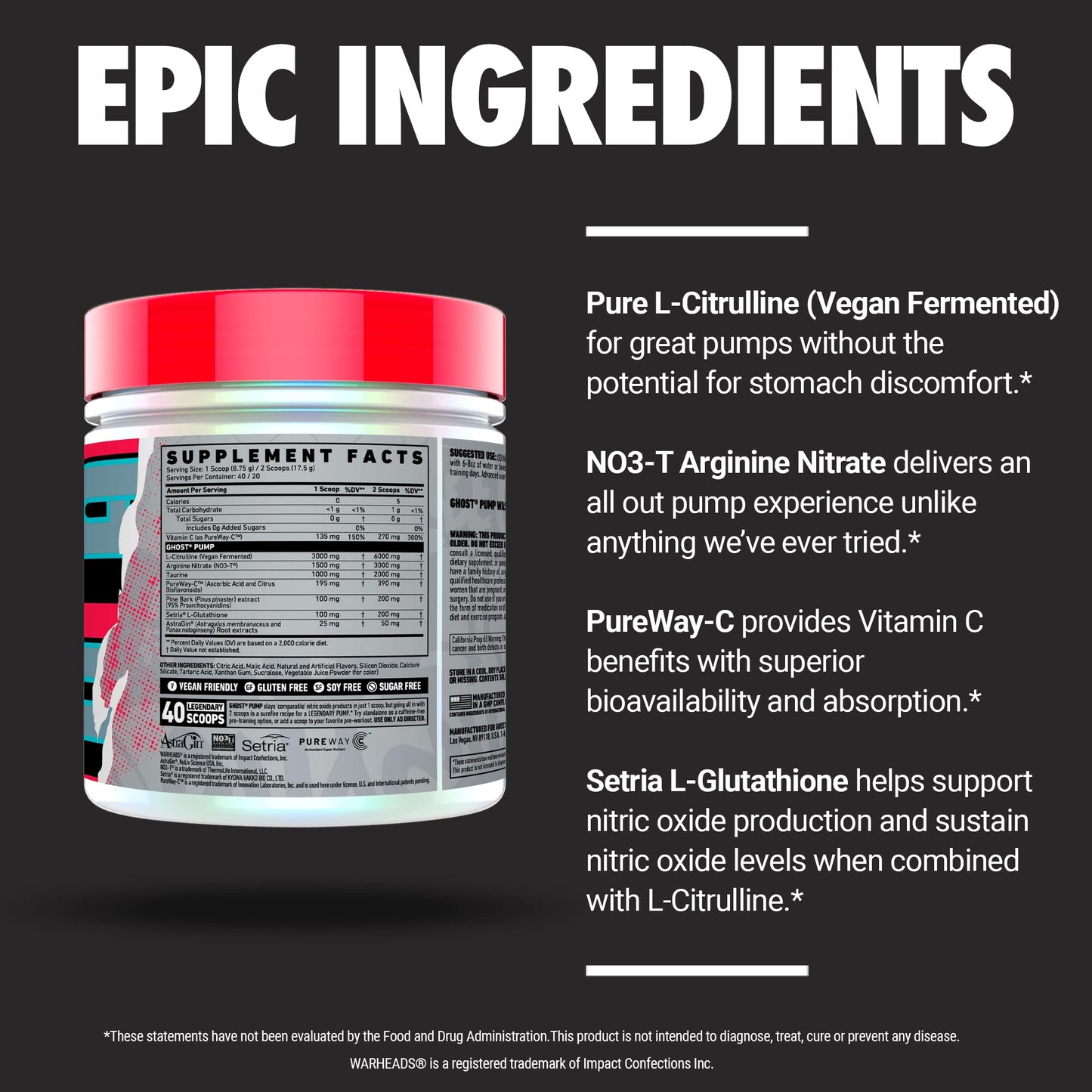 GHOST Pump Nitric Oxide Powder, Warheads Sour Watermelon - 40 Servings - Sugar & Stim-Free Pre-Workout Supplements- L-Citrulline, Arginine Nitrate & L-Glutathione - Soy & Gluten-Free, Vegan - Maple Wellness Supplements