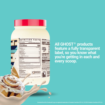 GHOST Whey Protein Powder, Cinnabon - 2LB Tub, 25G of Protein - Cinnamon Roll Flavore - Maple Wellness Supplements