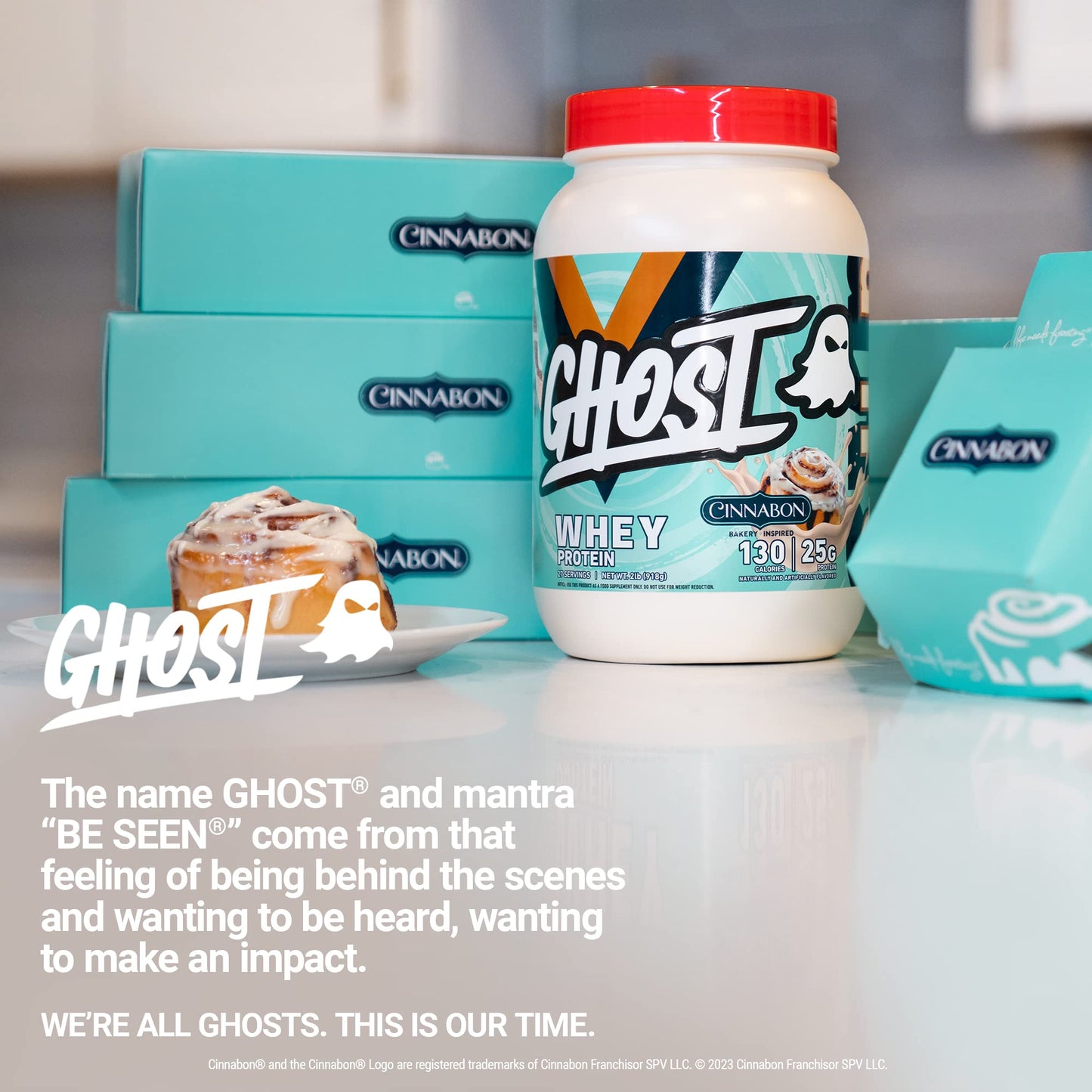 GHOST Whey Protein Powder, Cinnabon - 2LB Tub, 25G of Protein - Cinnamon Roll Flavore - Maple Wellness Supplements