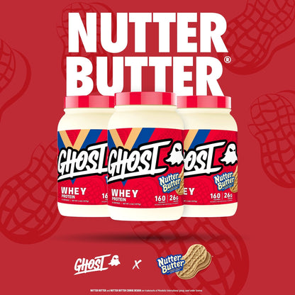 GHOST Whey Protein Powder, Nutter Butter - 2LB Tub, 26G of Protein - Peanut Butter - Maple Wellness Supplements