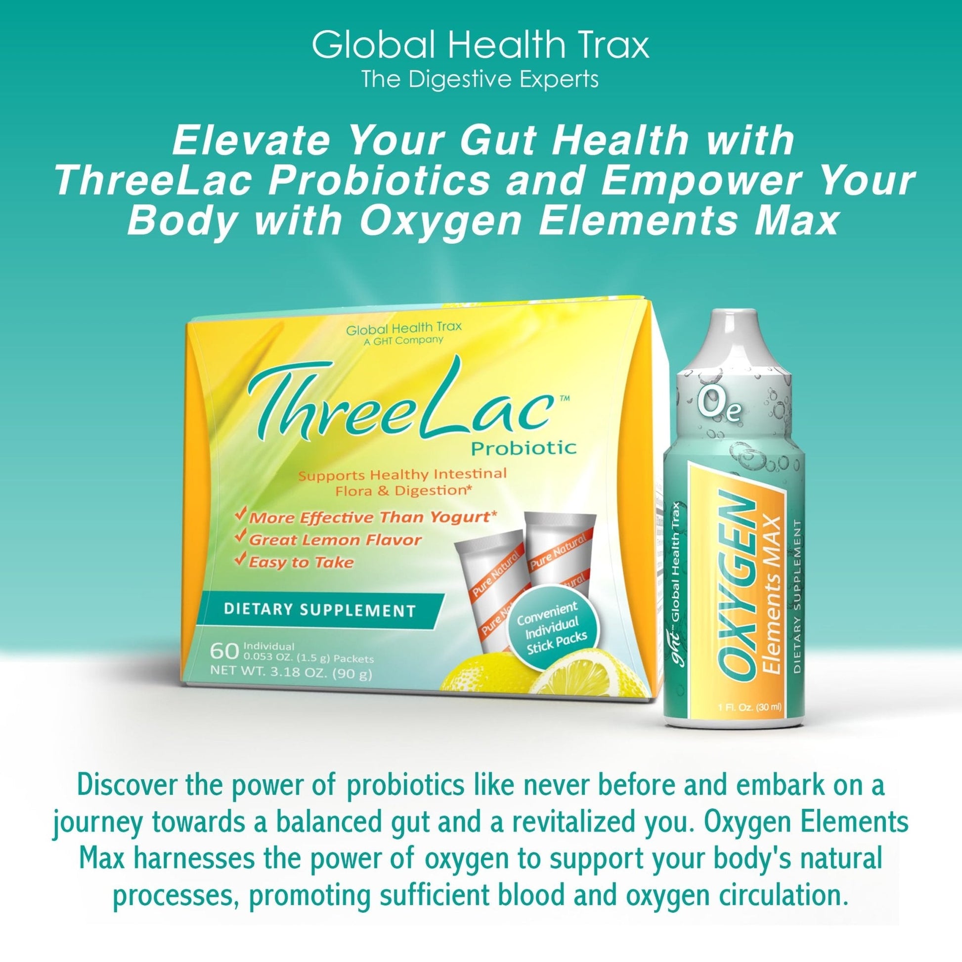GHT – Ultimate Gut & Oxygen Duo: ThreeLac Lemon Probiotic Powder (180 Packets) & Oxygen Elements Max Drops (3oz) - Digestive Support & Cellular Vitality - Maple Wellness Supplements