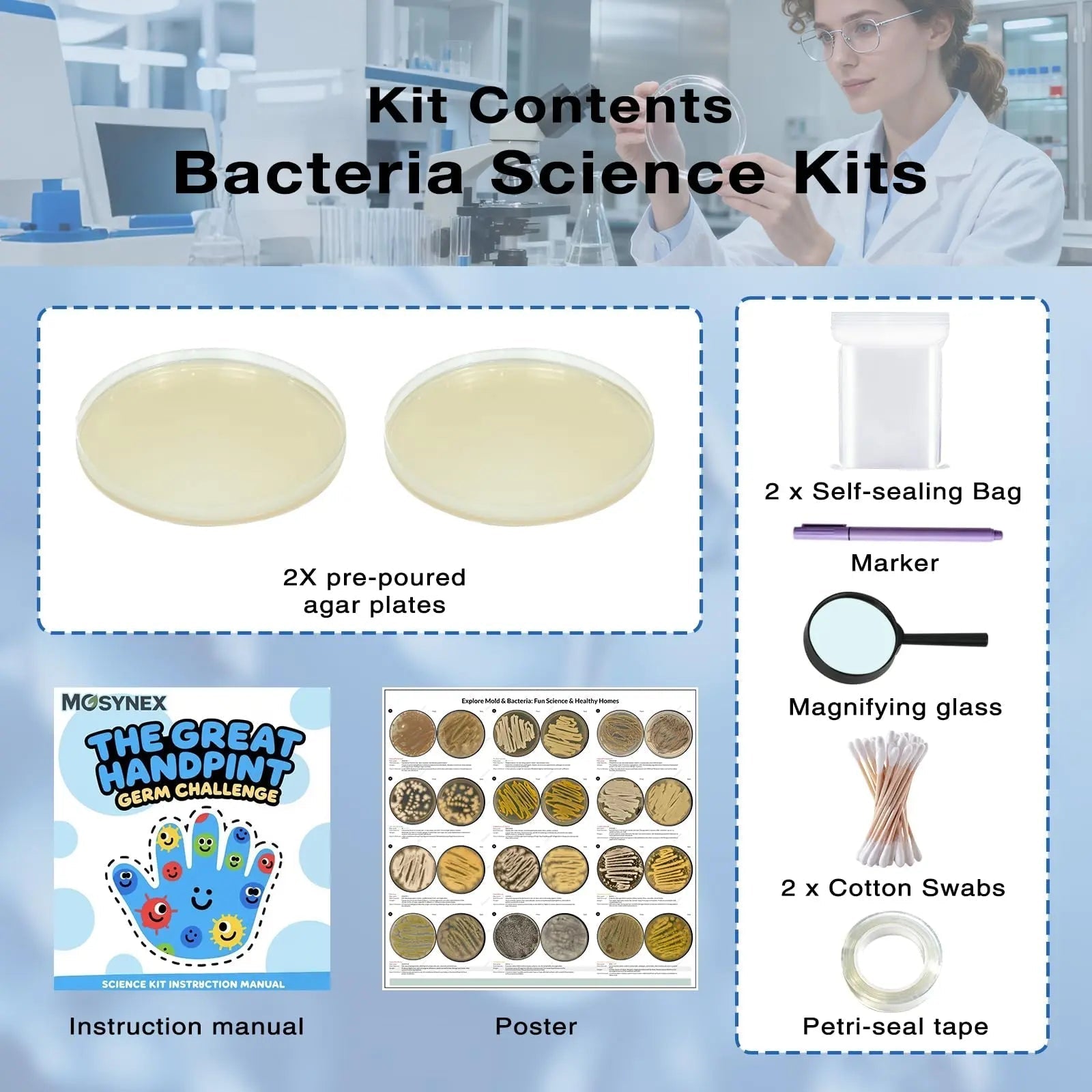 Giant Microbiology Bacteria Science Kit for Kids:2 XL 150mm Prepoured Nutrient Agar Plates, Petri Dishes with Agar & Colony Characteristics Poster for School Projects & Educational Gifts - Maple Wellness Supplements