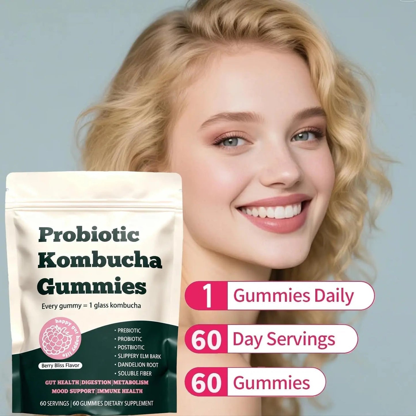 Glo Vous Probiotic Kombucha Gummies – 60 Gummies, with Prebiotics, Postbiotics & Fiber,Includes Slippery Elm, Dandelion Root & MCT Oil,Supports Digestive Health, Bloating Relief & Gut Support - Maple Wellness Supplements