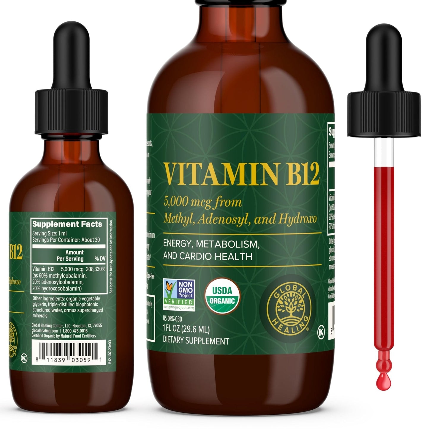 Global Healing Center - Vitamin B12 Sublingual 5000 MCG Organic Liquid Supplement, Methylcobalamin, Adenosylcobalamin, Hydroxo Long-Lasting Energy - Maple Wellness Supplements