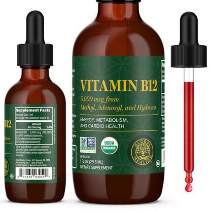 Global Healing Center - Vitamin B12 Sublingual 5000 MCG Organic Liquid Supplement, Methylcobalamin, Adenosylcobalamin, Hydroxo Long-Lasting Energy - Maple Wellness Supplements