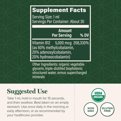 Global Healing Center - Vitamin B12 Sublingual 5000 MCG Organic Liquid Supplement, Methylcobalamin, Adenosylcobalamin, Hydroxo Long-Lasting Energy - Maple Wellness Supplements