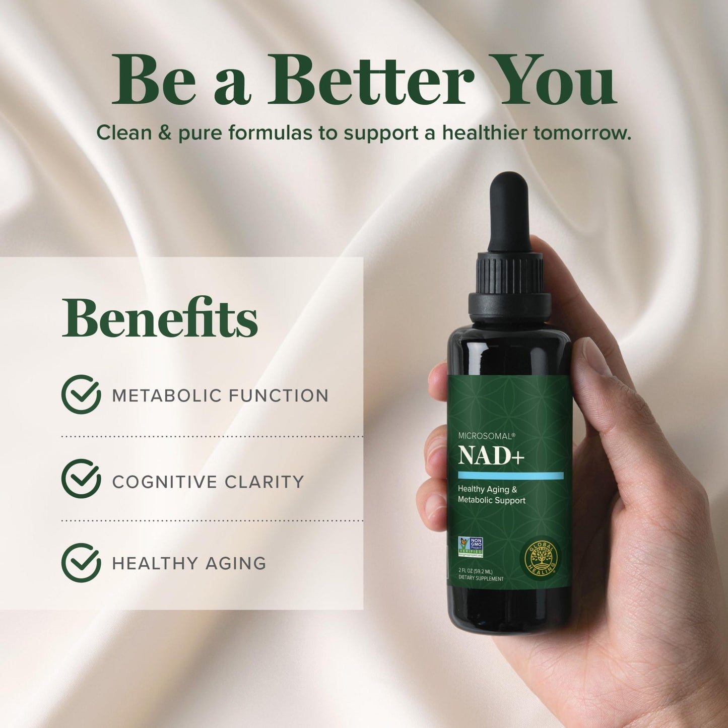 Global Healing Premium NAD+ Liquid Supplement - Sublingual NAD Drops - Liposomal NAD Plus Serum for Cellular Renewal - Nicotinamide Riboside Formula for Men & Women (2 Oz) - Maple Wellness Supplements