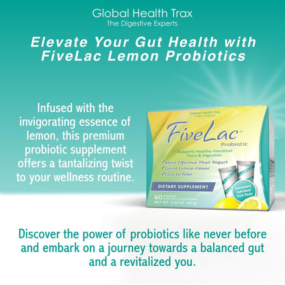 Global Health Trax GHT - FiveLac Lemon Probiotic Powder Drink Mix, Probiotics for Women, Men, Kids - Smooth Digestive Support & Elimination – Relieve Constipation & Gas - 60 Packets, 3.18 Oz, Non-GMO - Maple Wellness Supplements