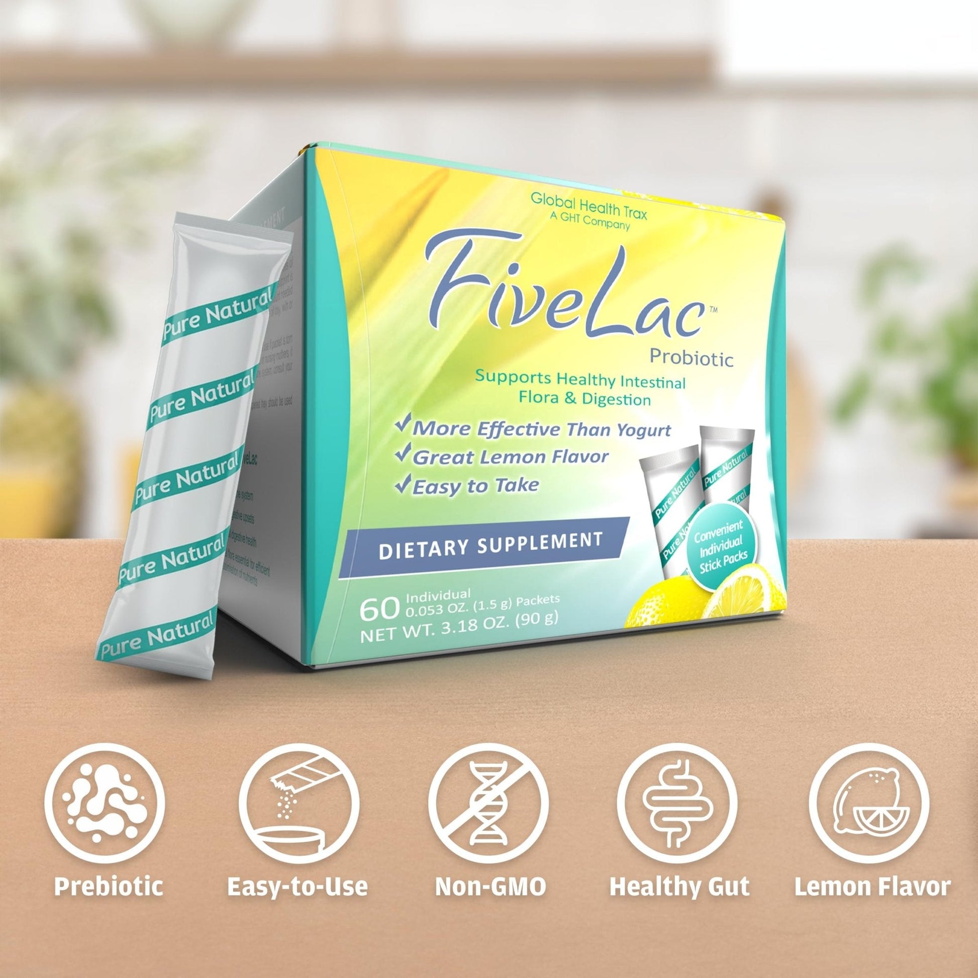 Global Health Trax GHT - FiveLac Lemon Probiotic Powder Drink Mix, Probiotics for Women, Men, Kids - Smooth Digestive Support & Elimination – Relieve Constipation & Gas - 60 Packets, 3.18 Oz, Non-GMO - Maple Wellness Supplements