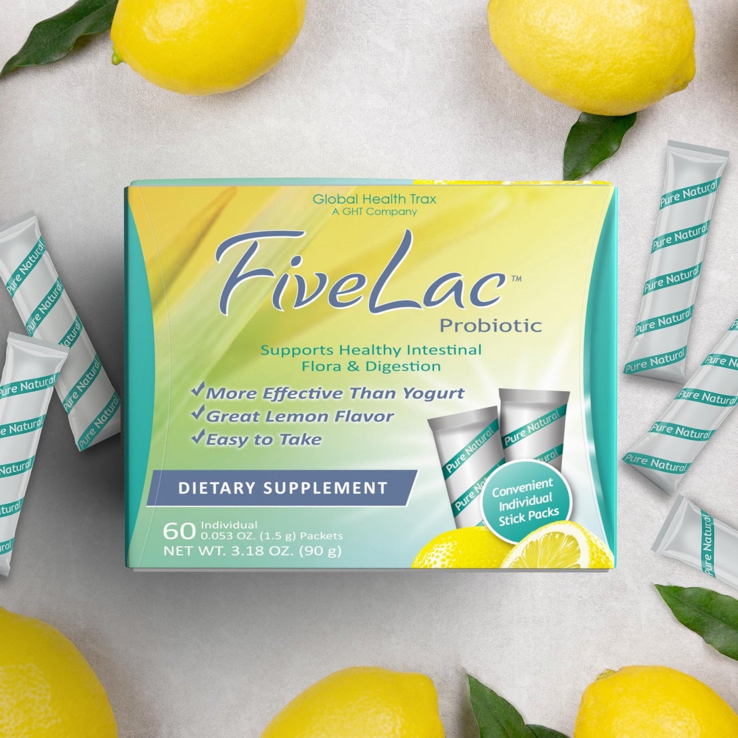 Global Health Trax GHT - FiveLac Lemon Probiotic Powder Drink Mix, Probiotics for Women, Men & Kids - Smooth Digestive Support & Elimination - Relieves Constipation & Gas - 60 Packets (2 Pack) Non-GMO - Maple Wellness Supplements