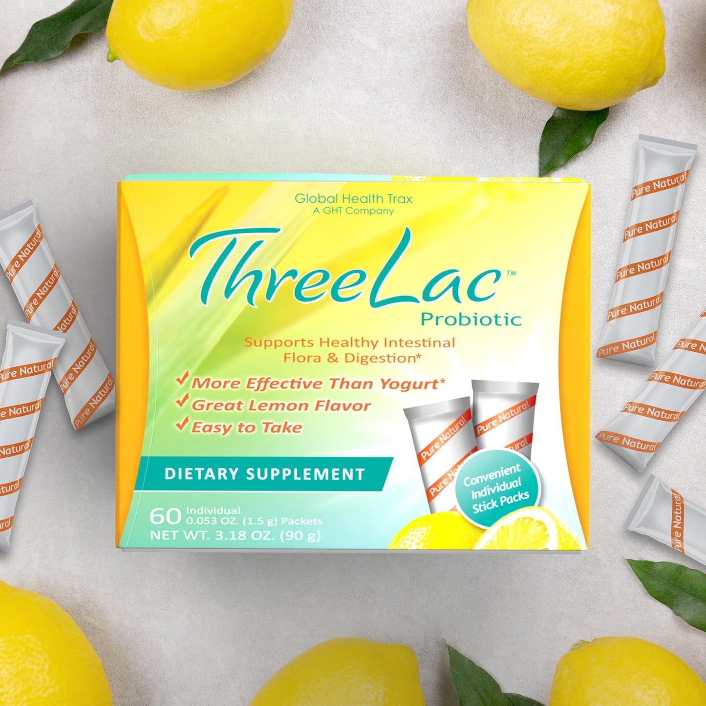 Global Health Trax GHT - ThreeLac Lemon Probiotic Drink Mix for Digestive Health - Advanced Probiotic Powder Formula for Men, Women & Kids - Immune Support & Gut Balance, Non-GMO - 60 Packets - Maple Wellness Supplements