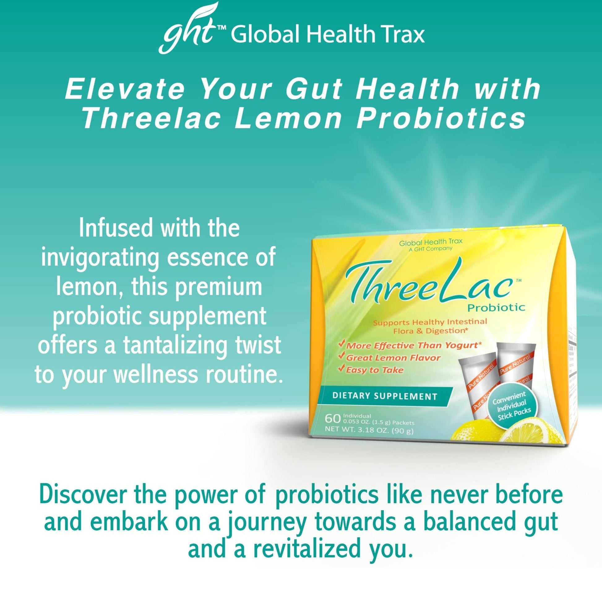 Global Health Trax ThreeLac Lemon Probiotic Drink Mix for Digestive Health - Advanced Probiotic Powder Formula for Men, Women, and Kids - Immune Support & Gut Balance, Non-GMO - 120 Packets - Maple Wellness Supplements