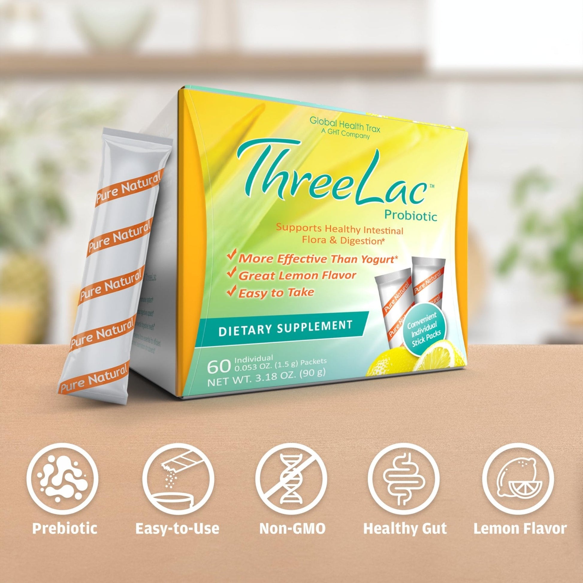 Global Health Trax ThreeLac Lemon Probiotic Drink Mix for Digestive Health - Advanced Probiotic Powder Formula for Men, Women, and Kids - Immune Support & Gut Balance, Non-GMO - 120 Packets - Maple Wellness Supplements