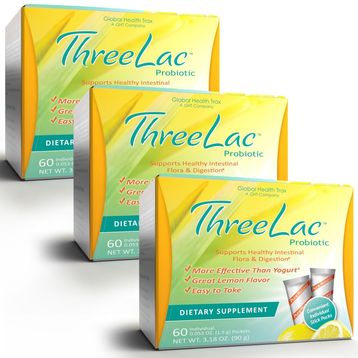 Global Health Trax ThreeLac Lemon Probiotic Drink Mix for Digestive Health - Advanced Probiotic Powder Formula for Men, Women, and Kids - Immune Support & Gut Balance, Non-GMO - 180 Packets - Maple Wellness Supplements