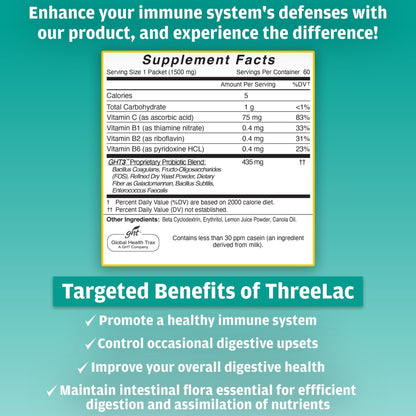 Global Health Trax ThreeLac Lemon Probiotic Drink Mix for Digestive Health - Advanced Probiotic Powder Formula for Men, Women, and Kids - Immune Support & Gut Balance, Non-GMO - 180 Packets - Maple Wellness Supplements