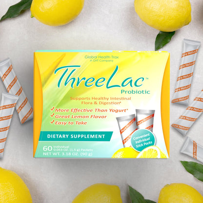 Global Health Trax ThreeLac Lemon Probiotic Drink Mix for Digestive Health - Advanced Probiotic Powder Formula for Men, Women, and Kids - Immune Support & Gut Balance, Non-GMO - 180 Packets - Maple Wellness Supplements
