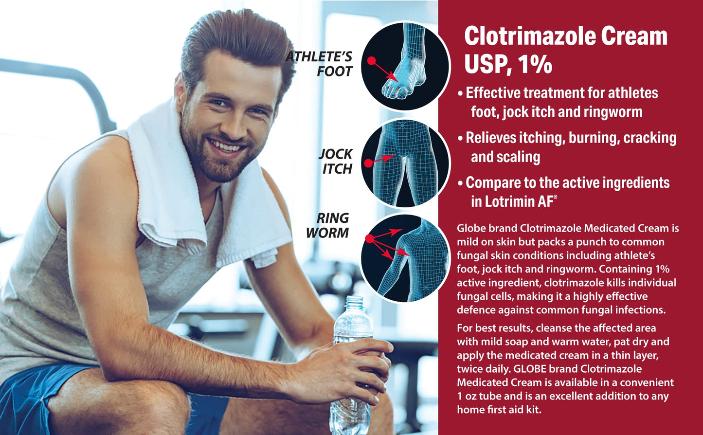 Globe Clotrimazole Antifungal Cream 1% USP (1 oz), Anti Fungal Treatment, Relieves Itching, Burning, Cracking and Scaling Associated Athletes Foot, Jock Itch, Ringworm and More - Maple Wellness Supplements