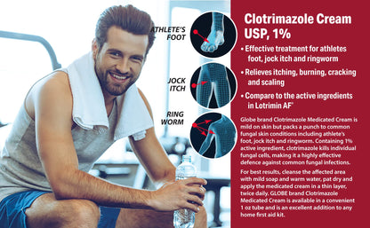 Globe Clotrimazole Antifungal Cream 1% USP (1 oz), Anti Fungal Treatment, Relieves Itching, Burning, Cracking and Scaling Associated Athletes Foot, Jock Itch, Ringworm and More - Maple Wellness Supplements