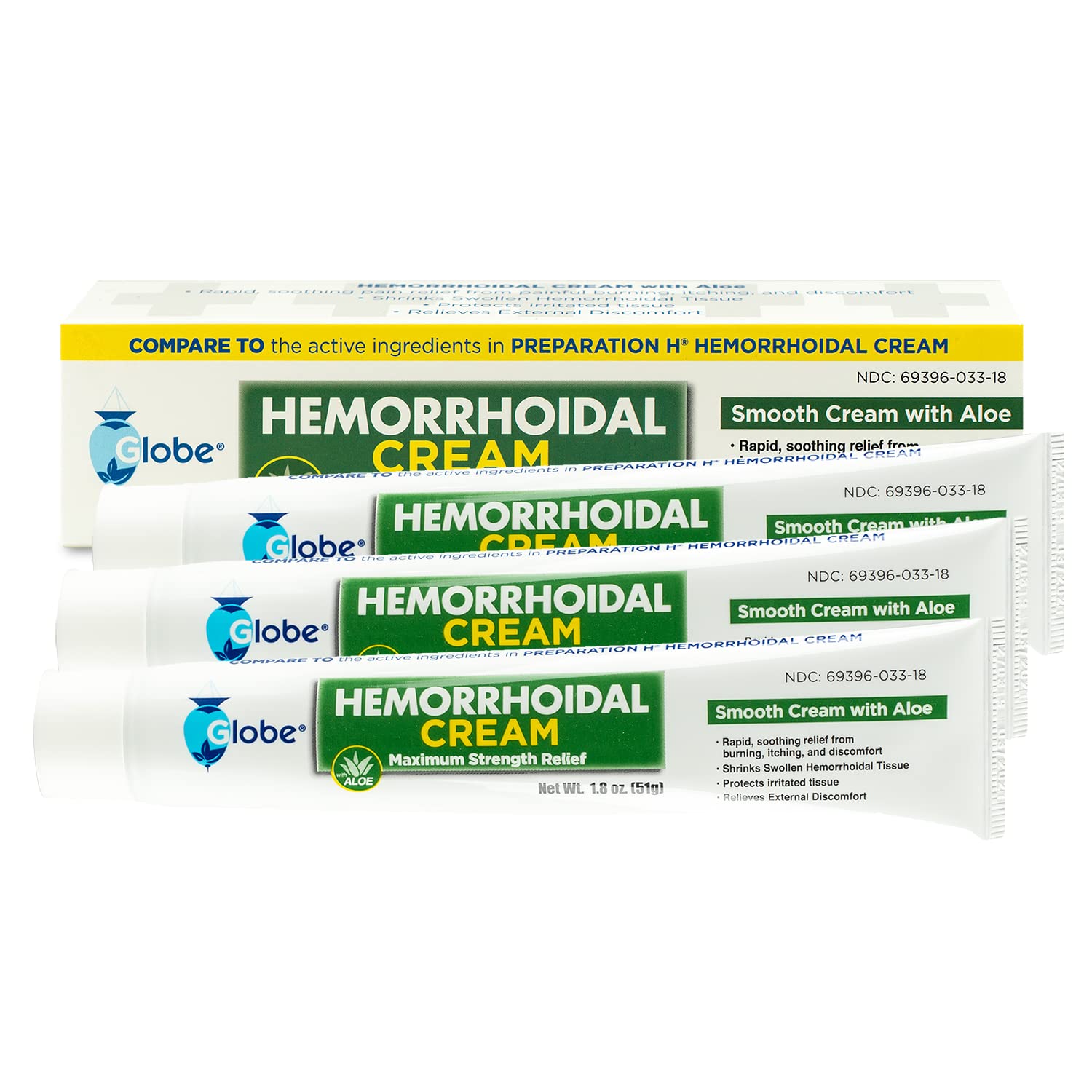 Globe Hemorrhoidal Cream (2 Pack) 1.8 oz w/Applicator Phenylephrine, Pramoxine with Aloe, Relief from Burning, Itching and Discomfort of Hemorrhoids. - Maple Wellness Supplements