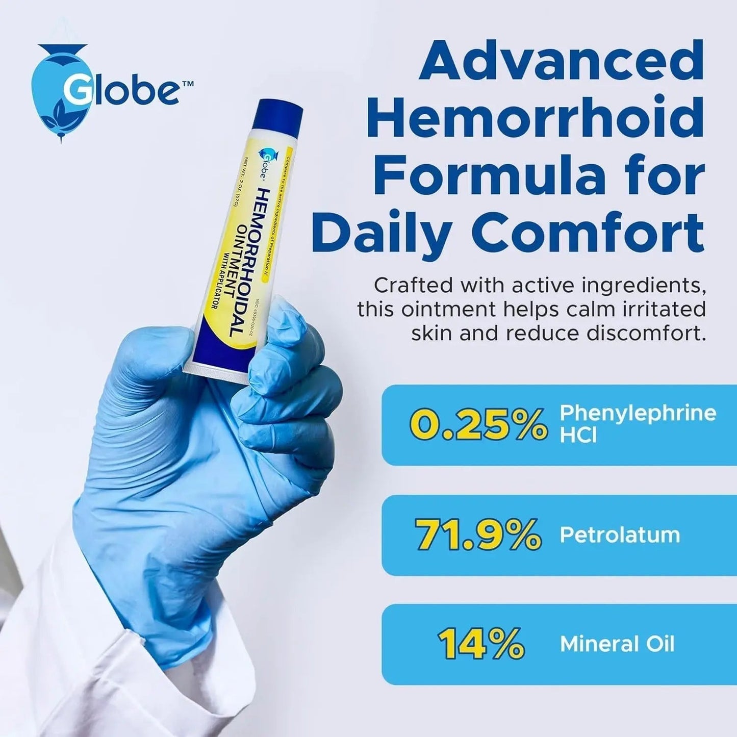 Globe Hemorrhoidal Ointment, Phenylephrine HCl, Petrolatum, Mineral Oil, Relief from Burning, Itching and Discomfort of Hemorrhoids, 2 Ounces (4 Pack) - Maple Wellness Supplements