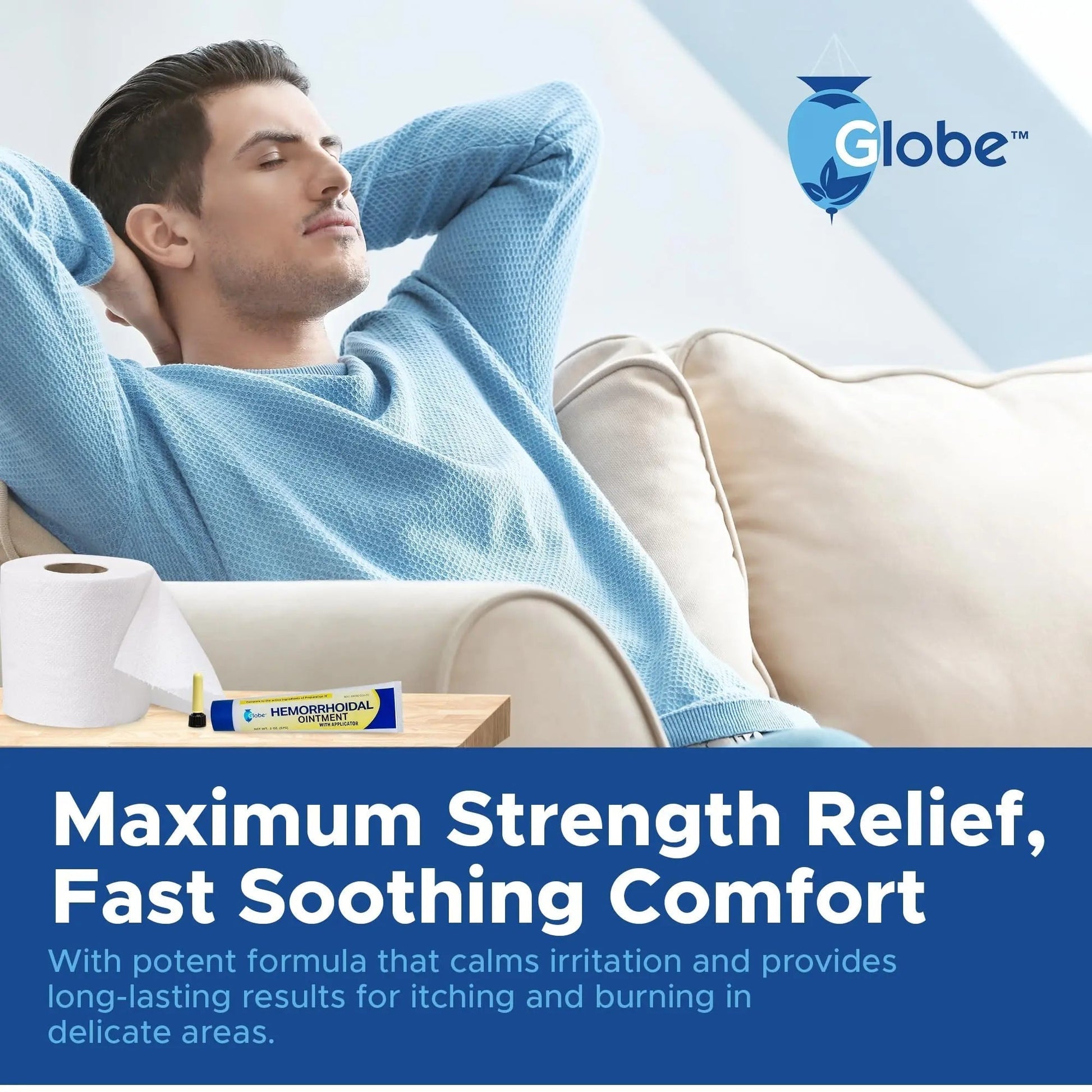 Globe Hemorrhoidal Ointment w/ Applicator, Phenylephrine HCl, Petrolatum Mineral Oil, Maximum Strength Formula for Burning, Discomfort & Itching, 2 oz - Maple Wellness Supplements