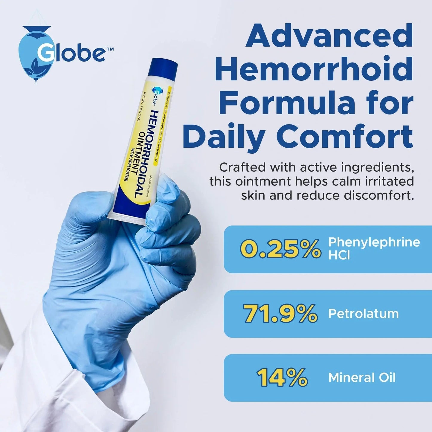 Globe Hemorrhoidal Ointment w/ Applicator, Phenylephrine HCl, Petrolatum Mineral Oil, Maximum Strength Formula for Burning, Discomfort & Itching, 2 oz - Maple Wellness Supplements