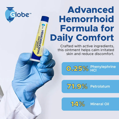 Globe Hemorrhoidal Ointment w/ Applicator, Phenylephrine HCl, Petrolatum Mineral Oil, Maximum Strength Formula for Burning, Discomfort & Itching, 2 oz - Maple Wellness Supplements