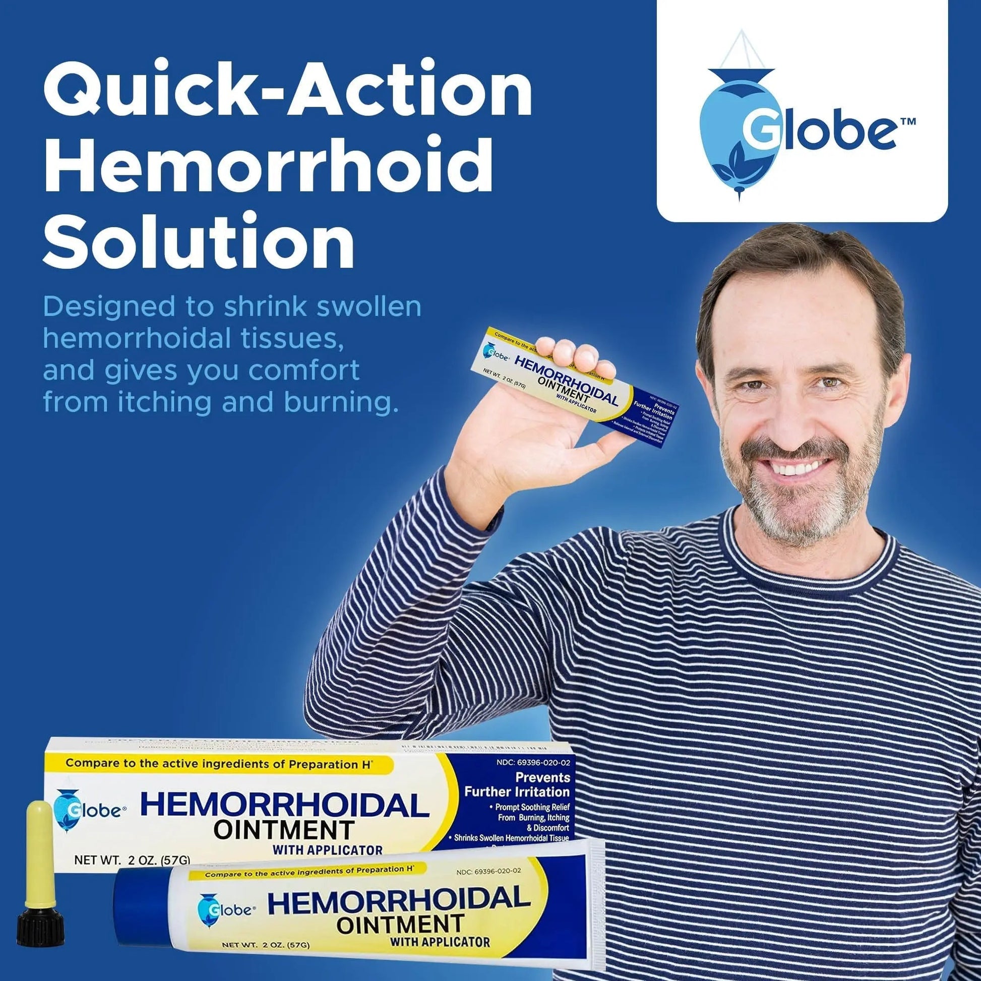 Globe Hemorrhoidal Ointment w/ Applicator, Phenylephrine HCl, Petrolatum Mineral Oil, Maximum Strength Formula for Burning, Discomfort & Itching, 2 oz - Maple Wellness Supplements