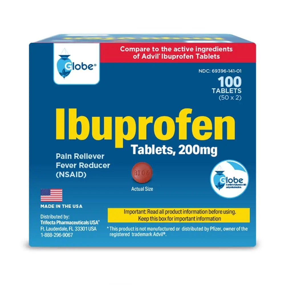 Globe Ibuprofen Tablets, 200 mg, Pain Reliever and Fever Reducer, for Headache, Muscular Aches, Arthritis, Backache and More 50 Packets of 2 Tablets Each,100 Tablets - Maple Wellness Supplements