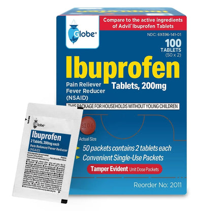 Globe Ibuprofen Tablets, 200 mg, Pain Reliever and Fever Reducer, for Headache, Muscular Aches, Arthritis, Backache and More 50 Packets of 2 Tablets Each,100 Tablets - Maple Wellness Supplements