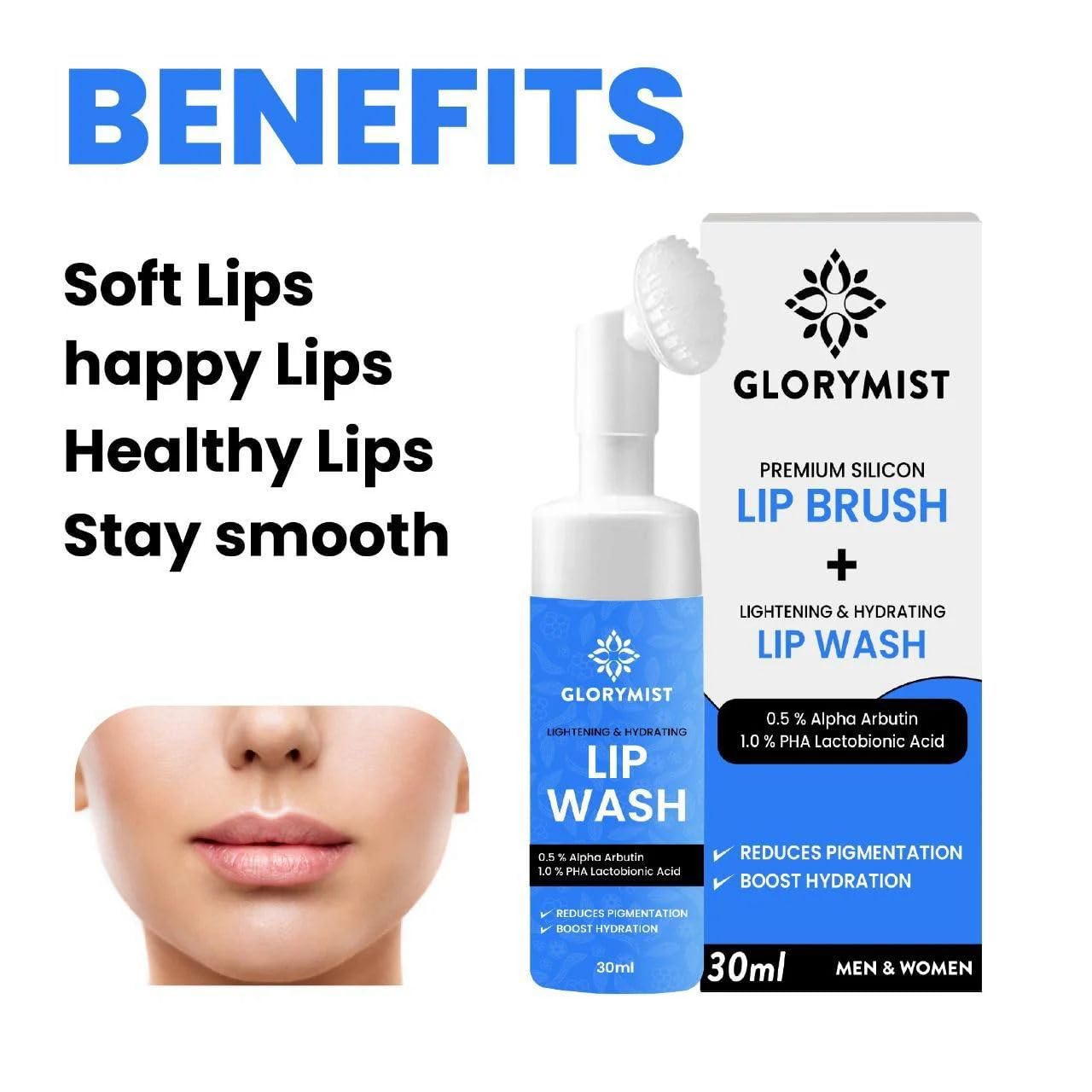 GloryMist All In One Lip Wash & Silicone Brush – Hydrating, Brightening & Exfoliating foaming Cleanser for Dry - Maple Wellness Supplements