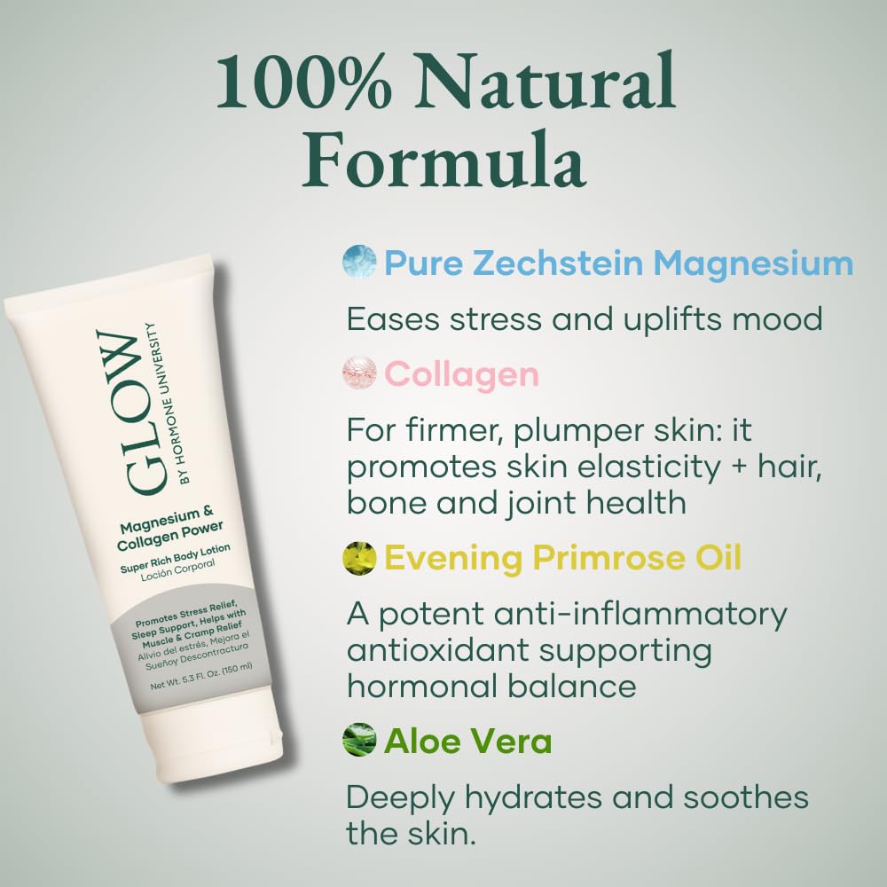Glow by Hormone University - Magnesium Lotion with Collagen - Magnesium Cream - Bedtime Routine Sleep Lotion - The Highest Concentration of Genuine Zechstein Magnesium Chloride (Pack of 1) - Maple Wellness Supplements