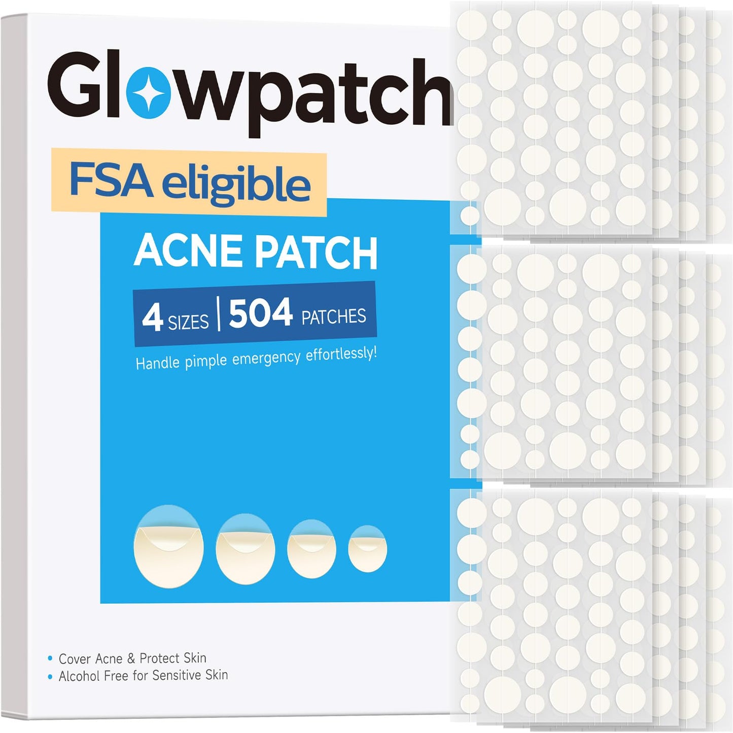 Glowpatch Pimple Patches for Face (504 Count), FSA Eligible Acne Patch Bulk, Zit Stickers 4 Sizes, Hydrocolloid Spot Stickers - Maple Wellness Supplements