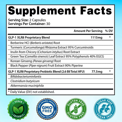 GLP-1 XLR8 Supplement for Weight Loss, Digestion, Constipation, Bloating Relief with Akkermansia 2.6 Billion AFU Live Prebiotic Probiotic Postbiotic Gut Health + Berberine for Women Men 360 Capsules - Maple Wellness Supplements