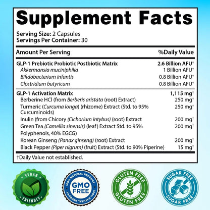GLP-1 XLR8 Supplement for Weight Loss, Digestion, Constipation, Bloating Relief with Akkermansia 2.6 Billion AFU Live Prebiotic Probiotic Postbiotic Gut Health + Berberine for Women Men 60 Capsules - Maple Wellness Supplements