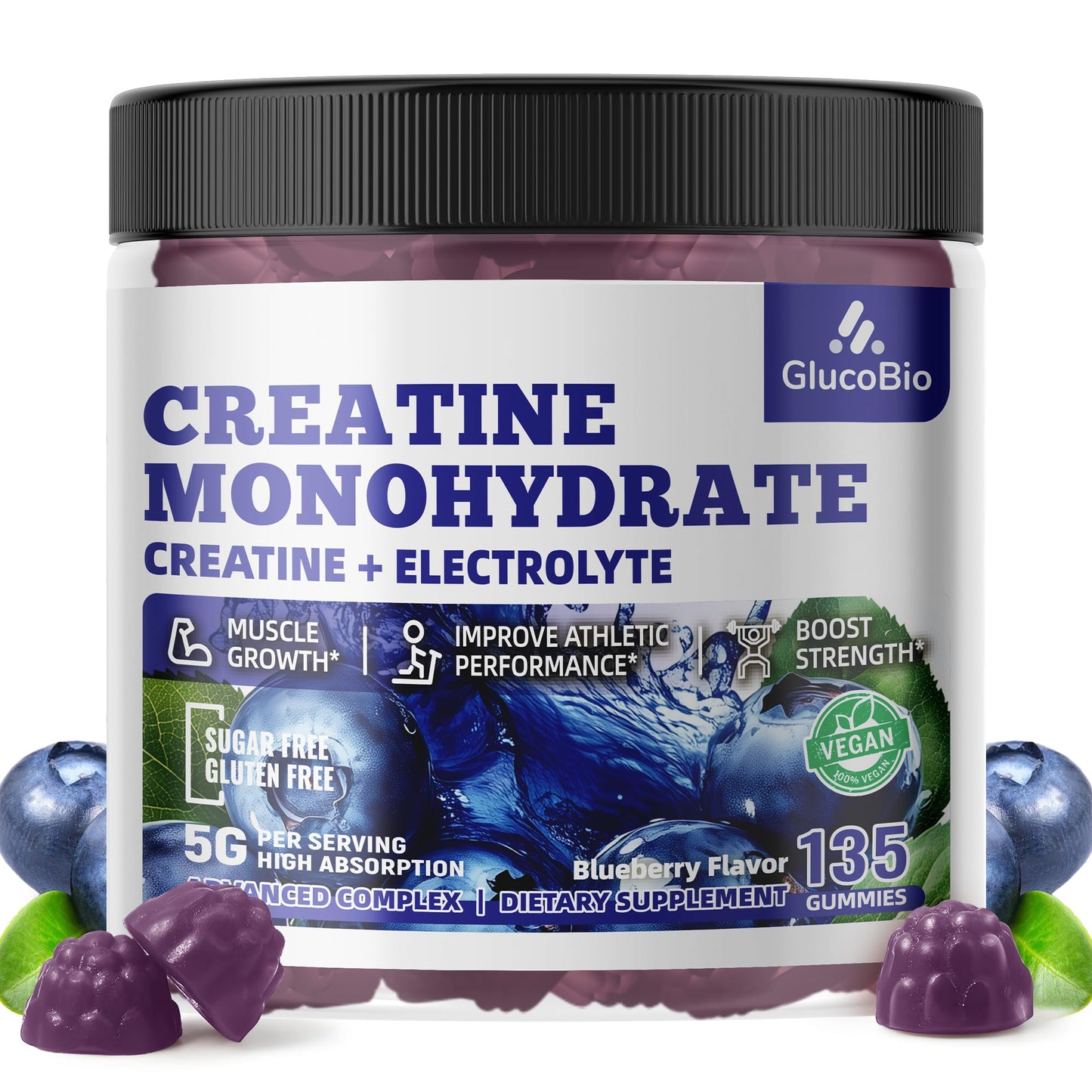 GlucoBio Creatine Monohydrate Gummies (5g) – Pre-Workout Energy & Muscle Growth Support for Men & Women - Maple Wellness Supplements