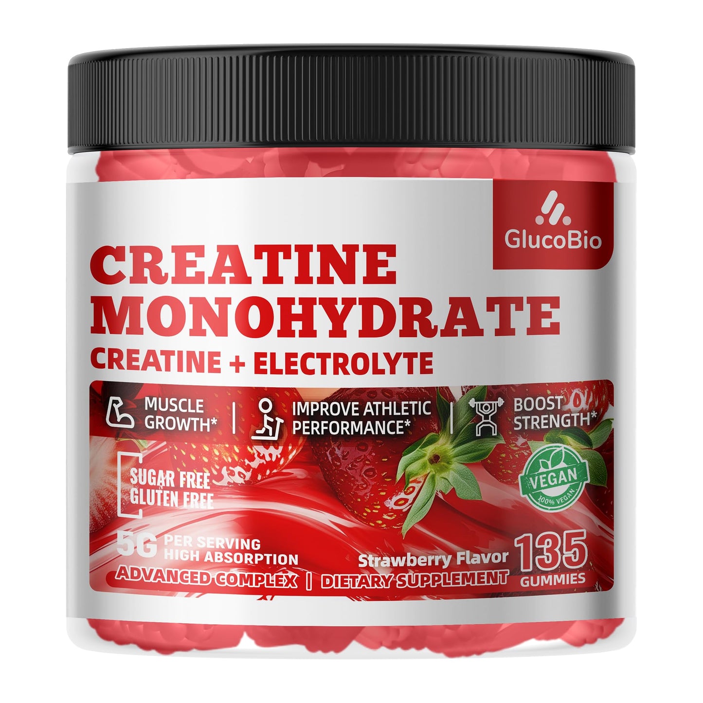 GlucoBio Creatine Monohydrate Gummies (5g) – Pre-Workout Energy & Muscle Growth Support for Men & Women - Maple Wellness Supplements
