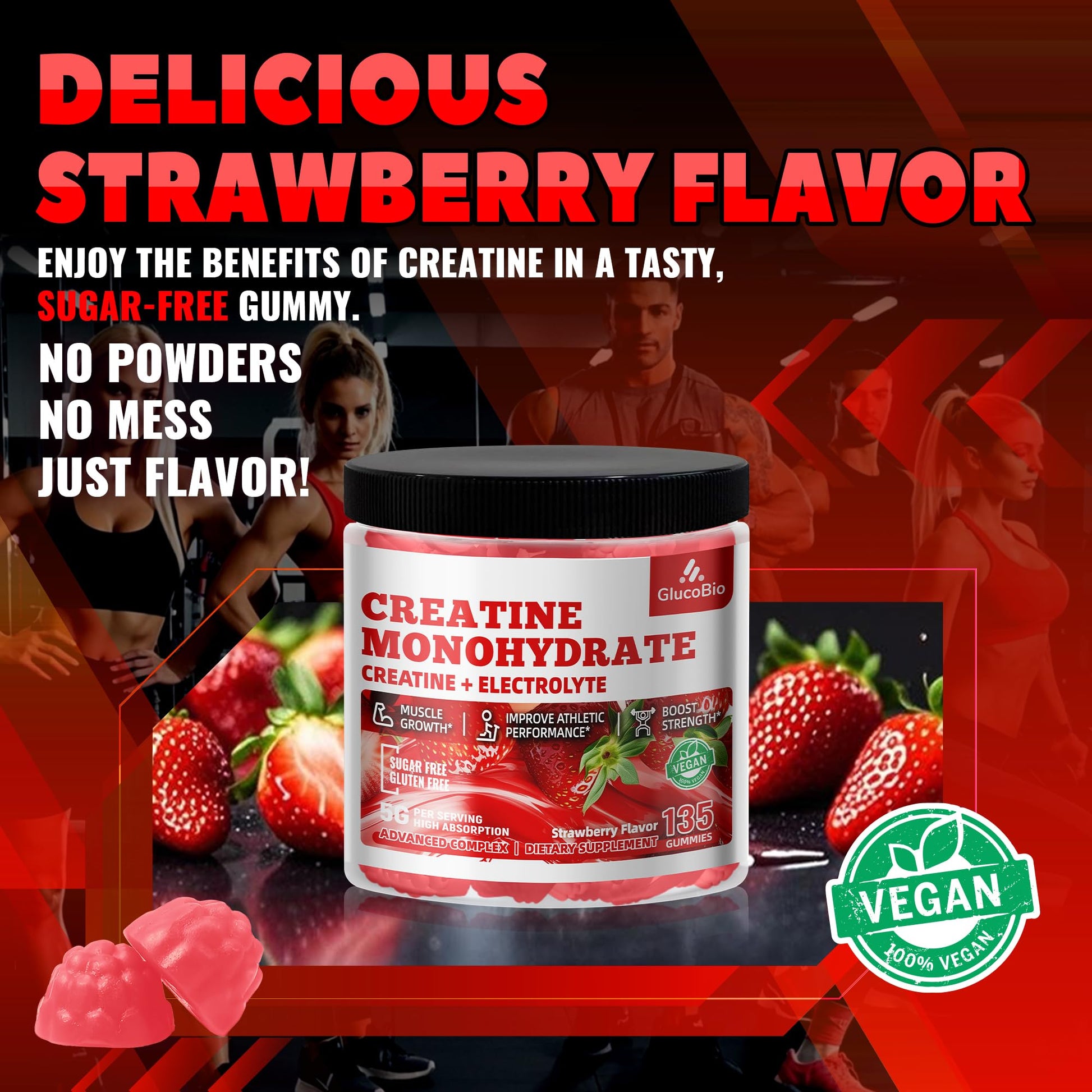 GlucoBio Creatine Monohydrate Gummies (5g) – Pre-Workout Energy & Muscle Growth Support for Men & Women - Maple Wellness Supplements