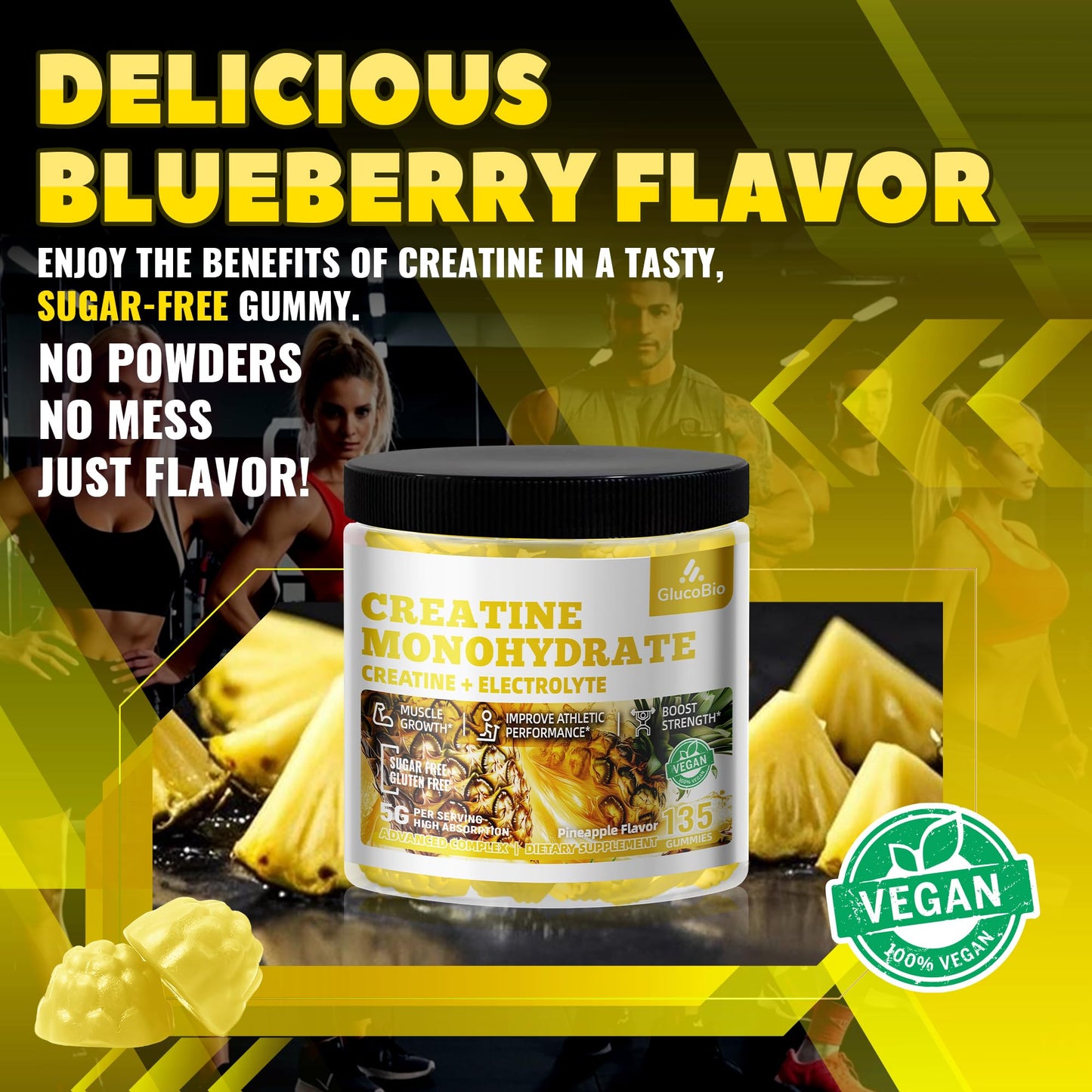 GlucoBio Creatine Monohydrate Gummies (5g) – Pre-Workout Energy & Muscle Growth Support for Men & Women | Pineapple Electrolyte Gummies (135 Count) - Maple Wellness Supplements