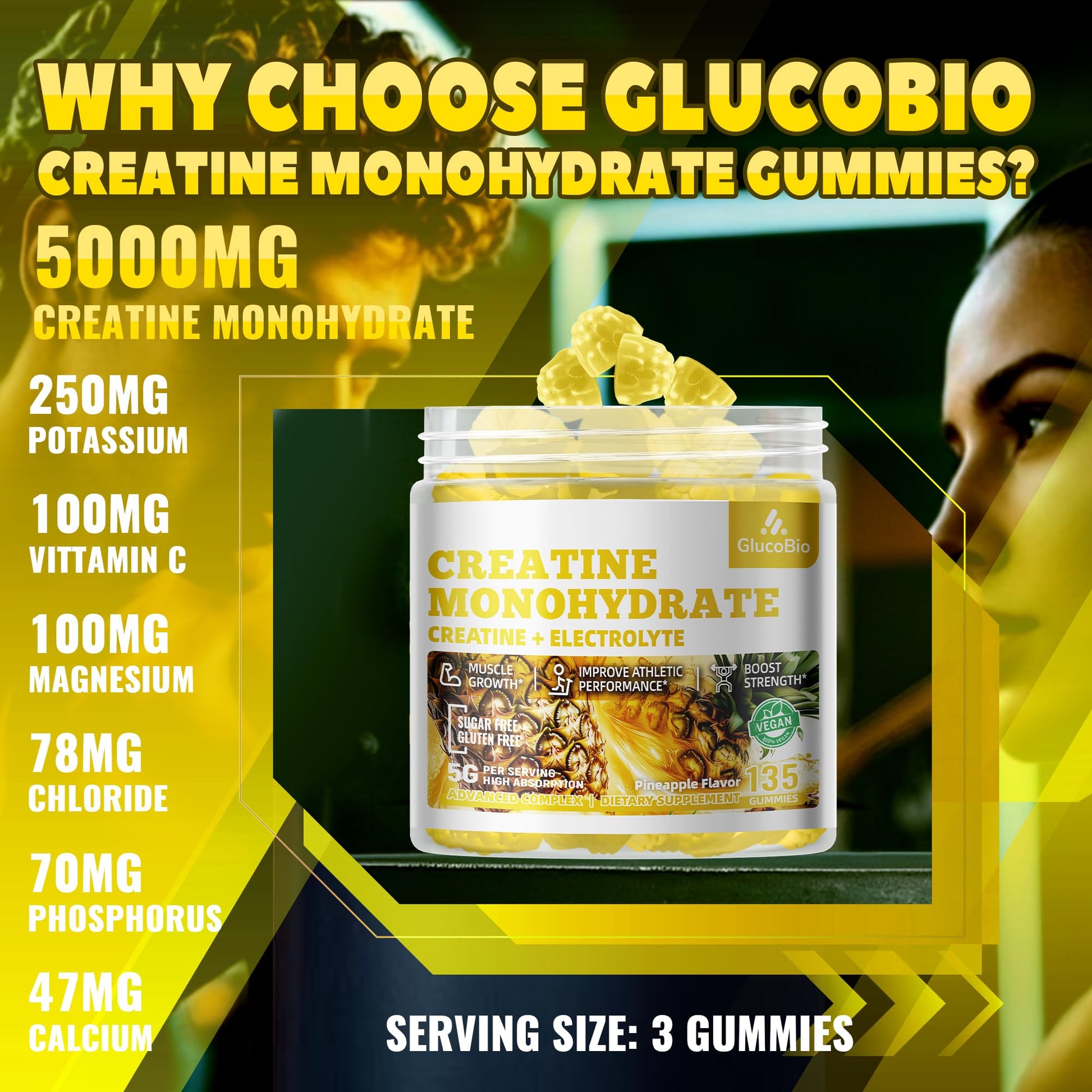 GlucoBio Creatine Monohydrate Gummies (5g) – Pre-Workout Energy & Muscle Growth Support for Men & Women | Pineapple Electrolyte Gummies (135 Count) - Maple Wellness Supplements