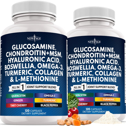 Glucosamine Chondroitin, MSM, Turmeric Curcumin, Collagen, Hyaluronic Acid, Omega 3 – Health Supplement for Men & Women – 240 Count - Maple Wellness Supplements