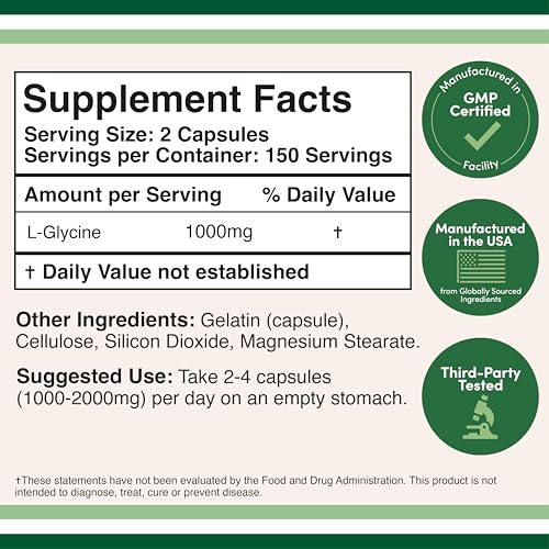Glycine Supplement - 1,000mg Glycine Powder per Serving (300 Capsules) The Relaxing Amino Acid (Glicina) (Third Party Tested, Gluten Free, Non-GMO) by Double Wood - Maple Wellness Supplements