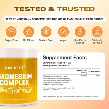 GoBiotix Magnesium Glycinate Powder – Cortisol Supplements for Women and Men – High Absorption Magnesium Complex Calm Supplement with Citrate, Malate – Sugar Free – 420 mg, 60 Servings - Honey Citrus - Maple Wellness Supplements